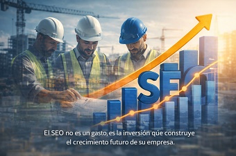 crecimiento-seo-constructora-mexico Gráfico ascendente superpuesto sobre la imagen de un equipo de construcción revisando planos, simbolizando el crecimiento del negocio gracias al SEO para constructoras.