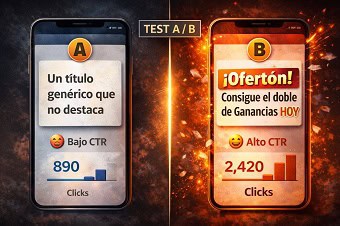 Una pantalla dividida mostrando un Test A/B. La opción A tiene un título genérico con bajo CTR y la opción B un título con Power Words y un CTR visiblemente más alto, demostrando su efectividad.