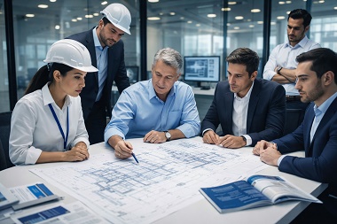 Equipo de ingenieros y arquitectos revisando planos en un proyecto de construcción en México, aplicando una estrategia de contenido.