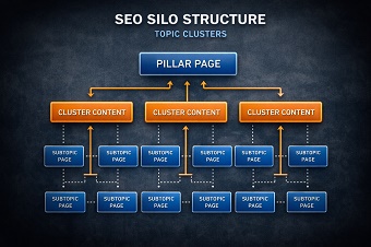 estructura-silos-seo-constructoras Diagrama de flujo mostrando la estructura de silos de una arquitectura web optimizada para SEO.