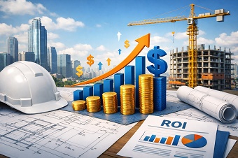 Un gráfico de barras ascendente superpuesto a la imagen de un moderno edificio de oficinas, simbolizando los resultados positivos de un estudio de caso para una constructora.