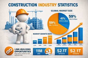 Infografía mostrando datos y estadísticas del mercado de la construcción, un activo de contenido para el link building.