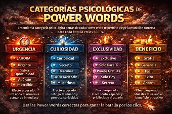 Infografía que resume las 4 categorías psicológicas de Power Words (Urgencia, Curiosidad, Exclusividad, Beneficio) con 5 ejemplos de palabras clave para cada una y su efecto esperado en el usuario.