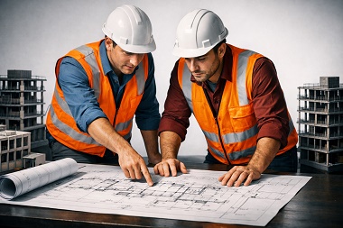 Dos arquitectos revisando los planos de un proyecto de construcción, una estrategia clave para el link building para constructoras.