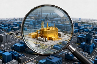 Una lupa magnificando un pequeño grupo de edificios en un mapa de una ciudad, simbolizando la identificación de nichos rentables en el sector construcción a través del SEO.