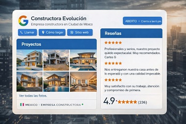 Captura de pantalla de un Perfil de Negocio en Google optimizado para una empresa constructora en México, mostrando proyectos y reseñas.