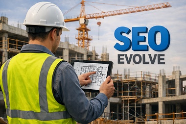 Profesional de la construcción planificando en una tablet en una obra, con el logo de SEO EVOLVE, ilustrando la estrategia en la creación de contenido para constructoras.