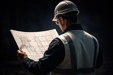 Un arquitecto revisando un plano de construcción sobre una mesa de trabajo, simbolizando la planificación estratégica del SEO para constructoras.