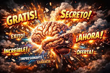 Un cerebro humano del que explotan de forma colorida diversas "Power Words" como "Gratis", "Secreto", "Ahora", ilustrando el impacto de las palabras persuasivas en los títulos.