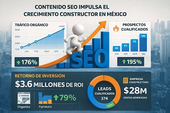 roi-marketing-de-contenidos-constructora-mexico Gráfico mostrando el crecimiento de leads cualificados y el ROI para una constructora en México gracias a una estrategia de creación de contenido