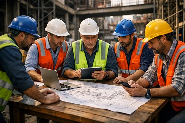 Un equipo de arquitectos revisa los planos de un proyecto en una tablet, simbolizando la unión del SEO y la construcción.
