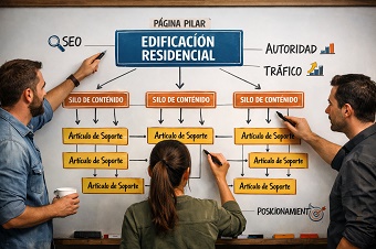 Diagrama conceptual mostrando la estructura de un silo de contenido, con una página pilar en la cima y artículos de soporte enlazados debajo.