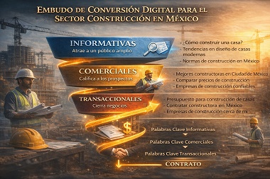 Diagrama mostrando los tres tipos de palabras clave para constructoras en México: informativas, comerciales y transaccionales, con ejemplos para cada una.