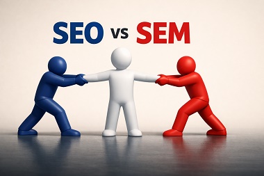 Ilustración 3D minimalista que representa la dinámica entre SEO y SEM con tres figuras humanoides en colores azul, blanco y rojo en una escena de tira y afloja.