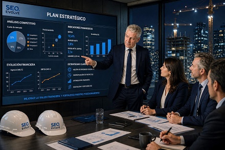 Equipo directivo de empresa constructora en España analizando datos competitivos y financieros en pantalla táctil.