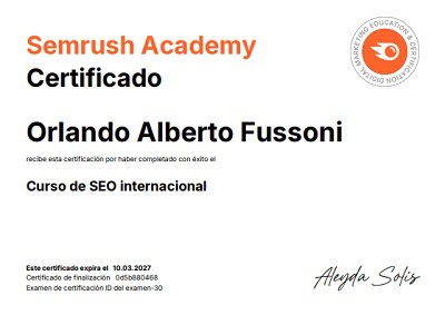 Certificado digital del Curso de SEO internacional otorgado por Semrush Academy a Orlando Alberto Fussoni, especialista en marketing digital.