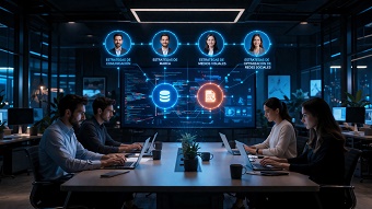 Un grupo diverso de profesionales colaborando, simbolizando la comunidad creada por una estrategia de SMO para SaaS.