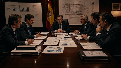 estrategias-financieras-constructoras Directivos de empresas constructoras en España definiendo estrategias financieras y de gestión de riesgos en reunión de planificación.