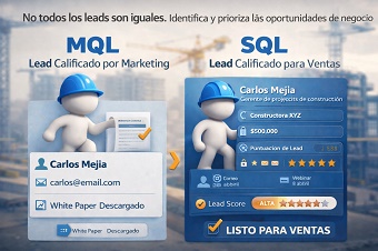 Infografía mostrando el embudo de conversión desde visitante web a SQL (Sales Qualified Lead) para una empresa constructora en México.