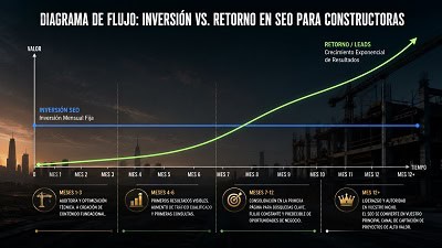 Diagrama de flujo que muestra el retorno de la inversión (ROI) de una estrategia SEO para constructoras en España, comparando la inversión fija con el crecimiento exponencial de leads y oportunidades de negocio a lo largo de 12 meses.