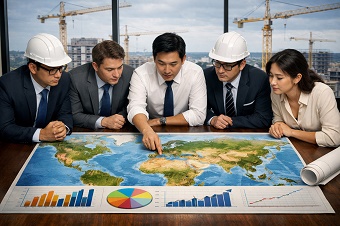 Equipo directivo de una empresa constructora planificando su expansión con una estrategia de SEO internacional.