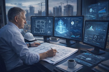 Escritorio de un ingeniero con pantallas mostrando planos y datos para una estrategia de SEO internacional para constructoras.