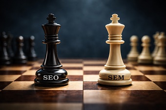 Piezas de ajedrez en un tablero representando la decisión estratégica entre SEO vs SEM.