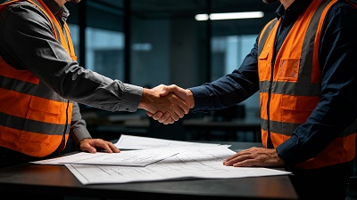acuerdo-estrategico-proveedor-constructora-espana Cierre de un acuerdo entre un proveedor de materiales y el directivo de una constructora, simbolizando una asociación estratégica a largo plazo.