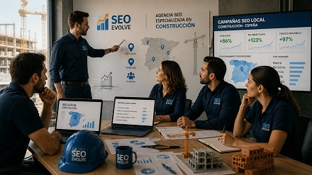 Equipo de agencia SEO para constructoras trabajando en estrategias de posicionamiento local en España.