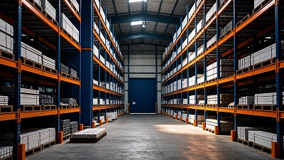 almacen-logistica-proveedor-materiales-construccion-espana Interior de un almacén de materiales de construcción perfectamente organizado, simbolizando la eficiencia logística de un proveedor estratégico para constructoras.