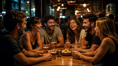 Grupo de amigos riendo a carcajadas alrededor de una mesa con cervezas y picadas en el interior de una cálida cervecería de Rosario.