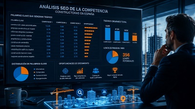 analisis-competencia-seo-constructora-madrid Captura de pantalla de una herramienta SEO mostrando el análisis de palabras clave de la competencia para una constructora en Madrid.