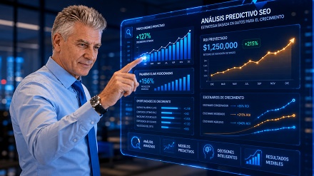 Estratega de negocios utilizando Análisis Predictivo SEO en una pantalla táctil para visualizar proyecciones de crecimiento y ROI.