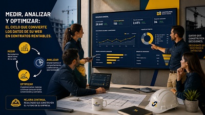 analitica-web-mejora-continua-constructoras Equipo de una constructora analizando métricas de crecimiento web en una pantalla, simbolizando la mejora continua.