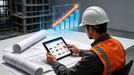 Un arquitecto revisando la arquitectura web de una empresa constructora en una tableta, simbolizando la planificación estratégica digital.