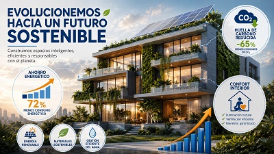 construccion-sostenible-eficiencia-energetica-espana Gráfico superpuesto en la fachada de un edificio moderno y sostenible, mostrando datos de eficiencia energética y el logo de certificación Passivhaus.