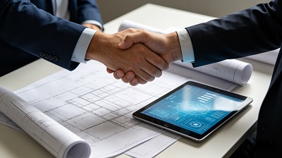 constructora-estrategia-digital-acuerdo Un apretón de manos firme sobre un conjunto de planos de construcción y una tablet que muestra un gráfico de crecimiento, simbolizando el acuerdo para iniciar una estrategia de contenido.