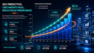 Gráfico de ingresos mostrando el impacto del análisis predictivo SEO en el crecimiento del negocio.