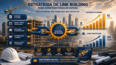 Gráfico de estrategia de link building para constructora en España, mostrando aumento de autoridad y leads cualificados.