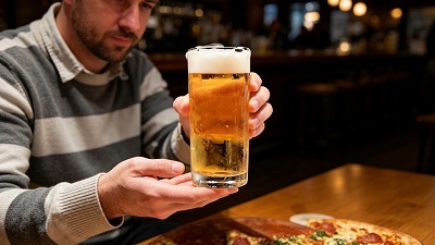 hombre-disfrutando-cerveza-tirada-bar-pizza Hombre con suéter de rayas sosteniendo vaso de cerveza tirada fría con espuma cremosa, acompañada de pizza en bar acogedor.