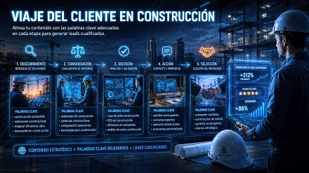 Diagrama mostrando el embudo de intención de búsqueda para constructoras en España, desde la conciencia del problema hasta la decisión de compra.