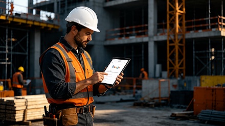 Un jefe de obra utilizando una tablet en una construcción en desarrollo, buscando proveedores de materiales de construcción en Google.