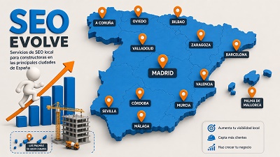 Mapa de España destacando ciudades clave para el posicionamiento local de constructoras, como Madrid, Barcelona y Valencia.