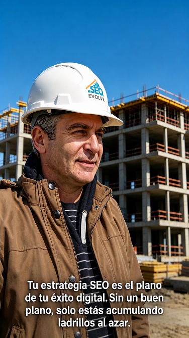 orlando-fussoni-estrategia-seo-plano-digital Orlando Fussoni en una obra de construcción, usando un casco de SEO Evolve, representando la estrategia SEO como el plano fundamental para el éxito digital de un negocio.
