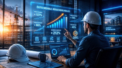 roi-marketing-contenidos-constructora Un directivo de una constructora analiza un dashboard en una tablet que muestra el crecimiento del tráfico web, la generación de leads y el ROI de la estrategia de contenidos.