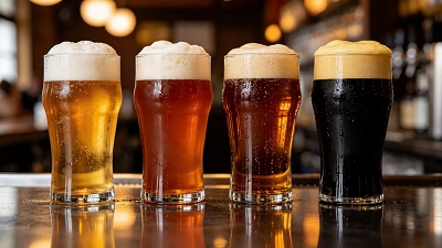 variedad-cervezas-tiradas-barra-progresion-colores Cuatro vasos de cerveza tirada alineados, mostrando variedad de estilos: rubia, ámbar, marrón y negra, con condensación en vidrio frío.