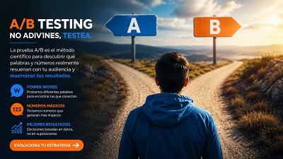 A B Testing El Camino hacia la Conversión Una bifurcación en un camino con dos letreros, 'A' y 'B', simbolizando la prueba A/B en marketing para optimizar el uso de Power Words.
