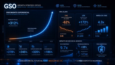 crecimiento-negocio-con-futuro-gso Dashboard mostrando el impacto positivo de una estrategia de GSO en el crecimiento del negocio y las métricas financieras.
