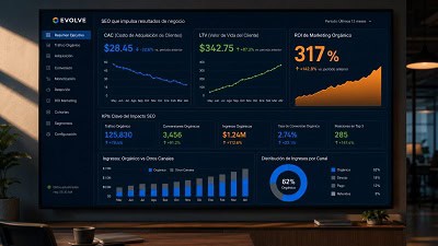 dashboard-kpi-negocio-seo-ecommerce Dashboard de KPIs de negocio mostrando el impacto positivo del SEO para tiendas online en el CAC, LTV y ROI.