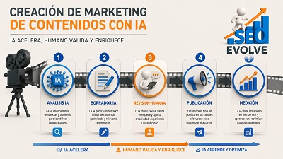 flujo-de-trabajo-contenido-ia Diagrama de flujo mostrando el proceso de creación de marketing de contenidos con IA.